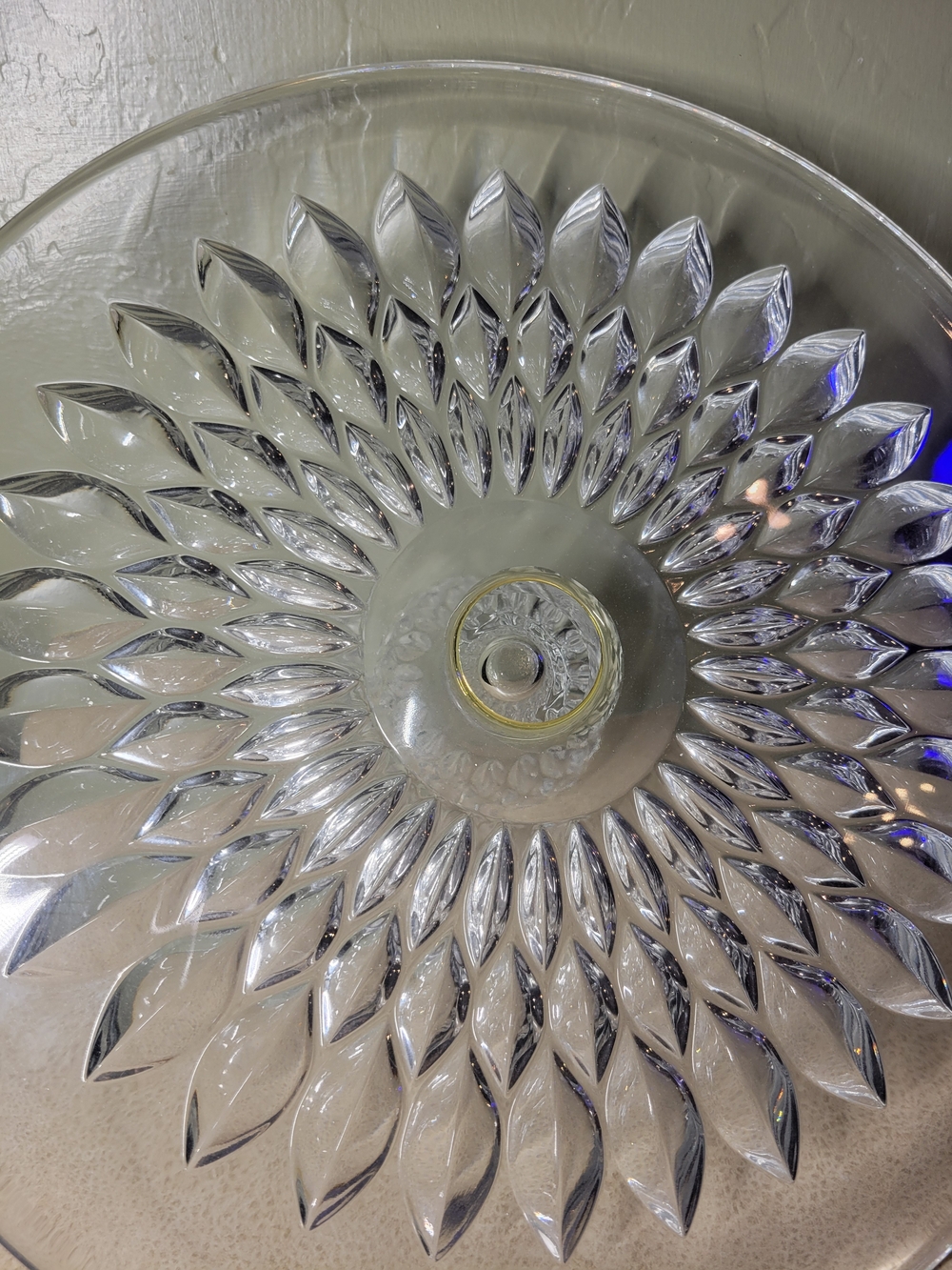 Vintage Unmarked Glass Pedestal Cake Stand with Radiant Sunflower Petal Design.